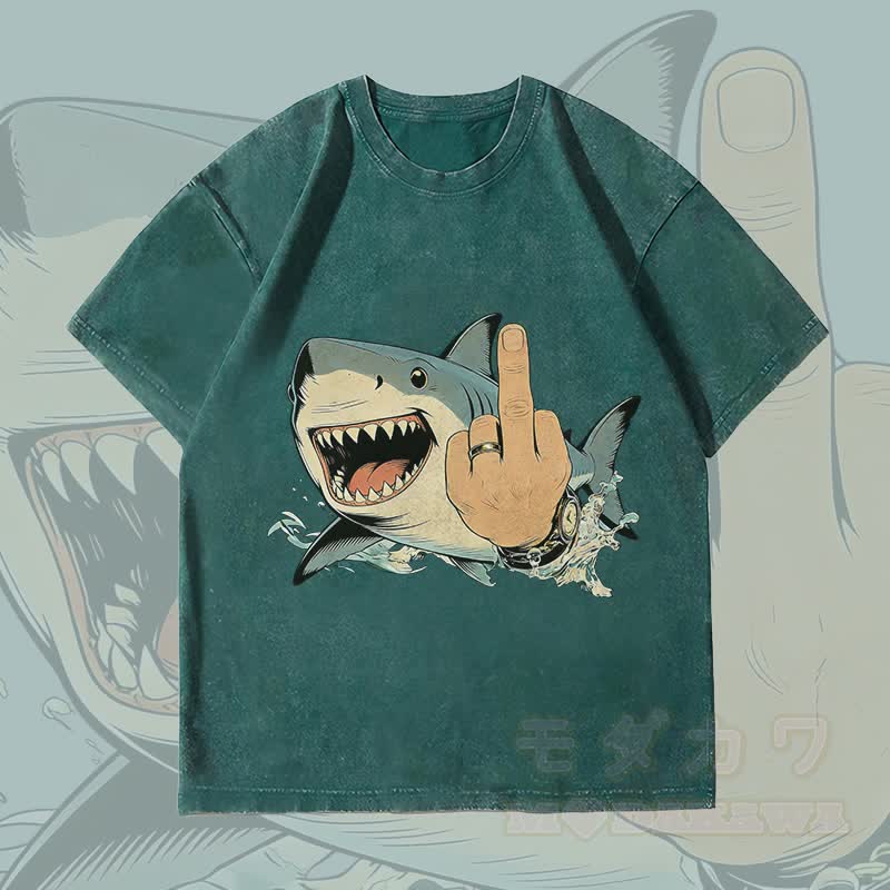 MODAKAWA Crazy Shark Graphic Unisex Vintage Washed T-Shirt - Dark Green - 4XL - image 1