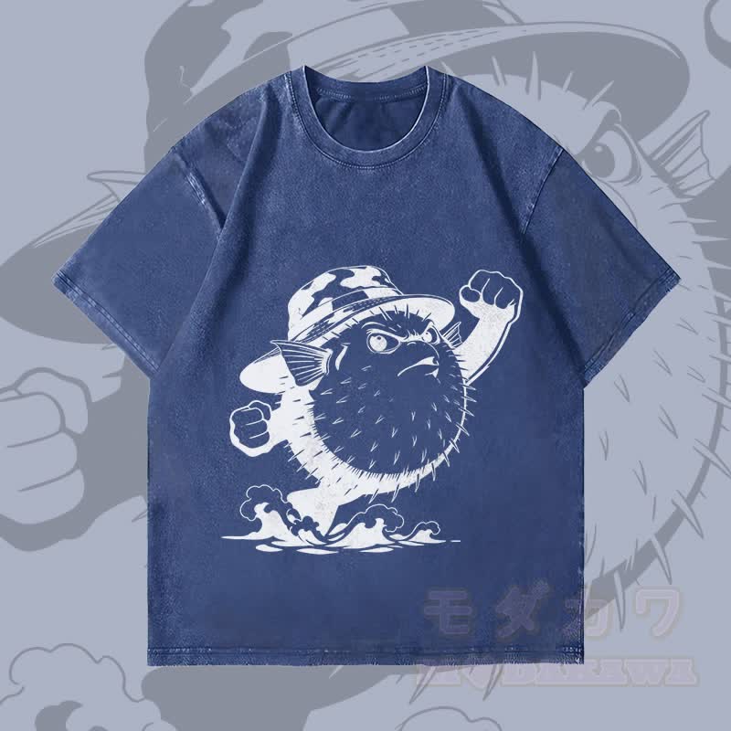 MODAKAWA Angry Pufferfish Graphic Unisex Vintage Washed T-Shirt - Dark Blue - 4XL - image 2