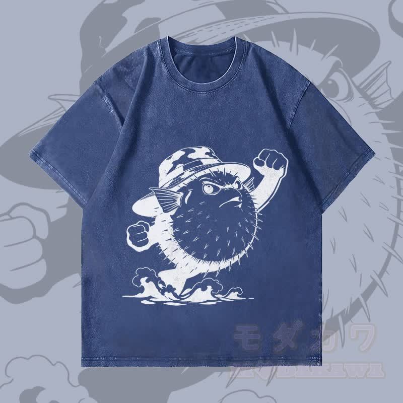 MODAKAWA Angry Pufferfish Graphic Unisex Vintage Washed T-Shirt - Dark Blue - 4XL - image 2