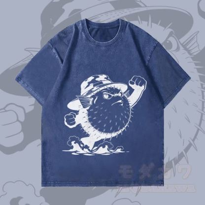 MODAKAWA Angry Pufferfish Graphic Unisex Vintage Washed T-Shirt - Dark Blue - 4XL - image 2