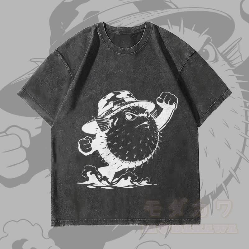 MODAKAWA Angry Pufferfish Graphic Unisex Vintage Washed T-Shirt - Black - 4XL - image 1