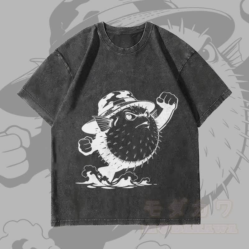 MODAKAWA Angry Pufferfish Graphic Unisex Vintage Washed T-Shirt - Black - 4XL - image 1