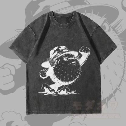 MODAKAWA Angry Pufferfish Graphic Unisex Vintage Washed T-Shirt - Black - 4XL - image 1