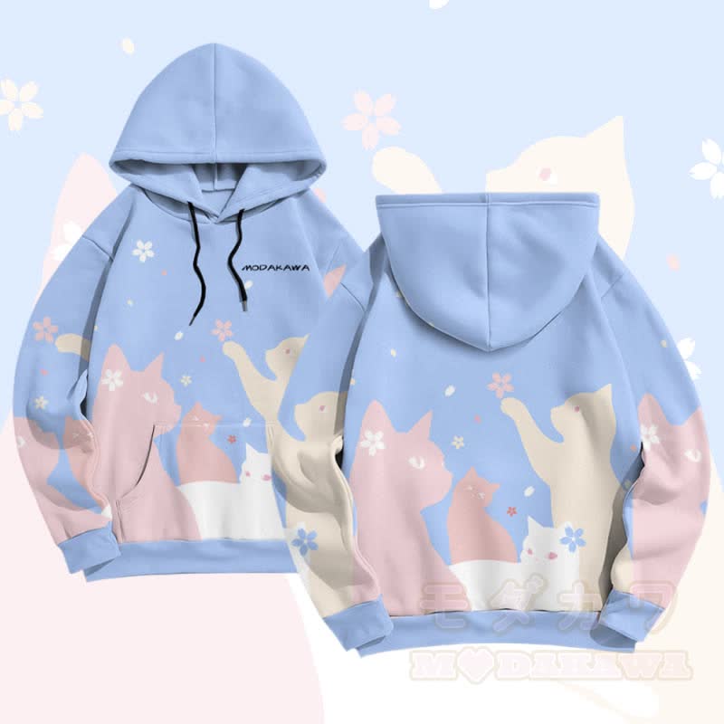 MODAKAWA Sakura Cat Graphic All Over Print Pullover Hoodie - Blue - 5XL - image 2