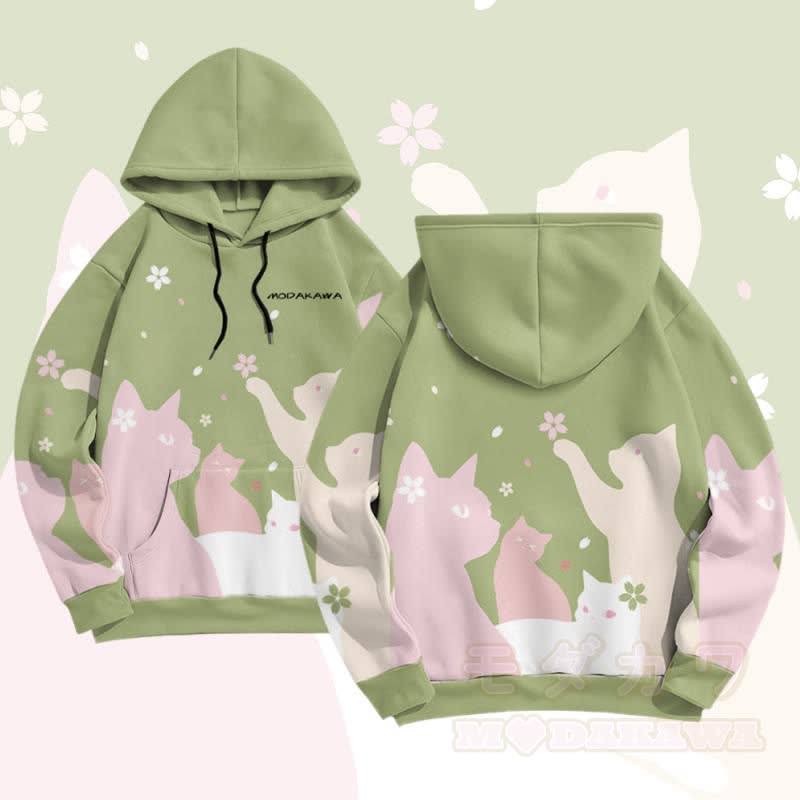 MODAKAWA Sakura Cat Graphic All Over Print Pullover Hoodie - Green - 5XL - image 1