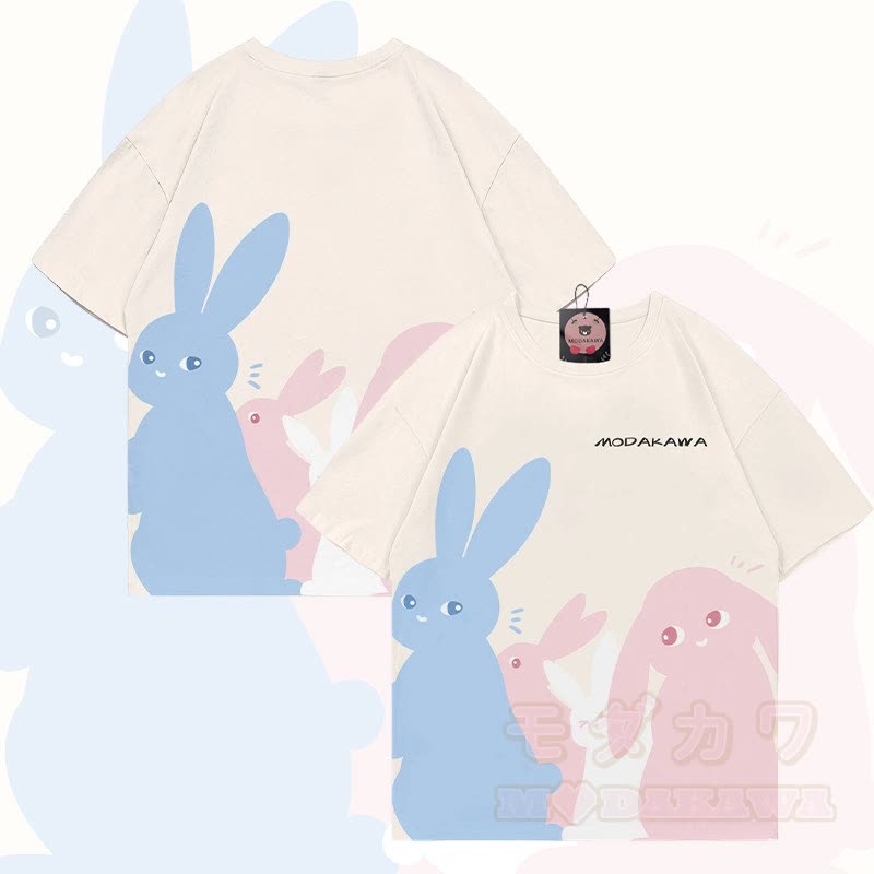 MODAKAWA Pastel Bunny Graphic All Over Print T-shirt - Apricot - 5XL - image 2