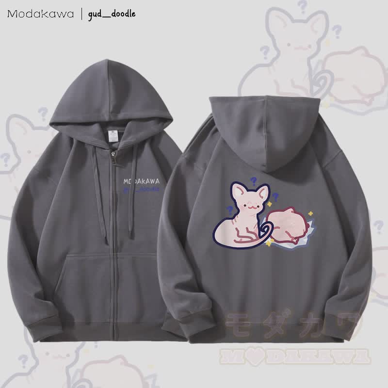 MODAKAWA x gud_doodle Kitty Chicken Graphic Fleece Lined Zip Up Hoodie Sweatshirt - Dark Grey - 5XL - image 3