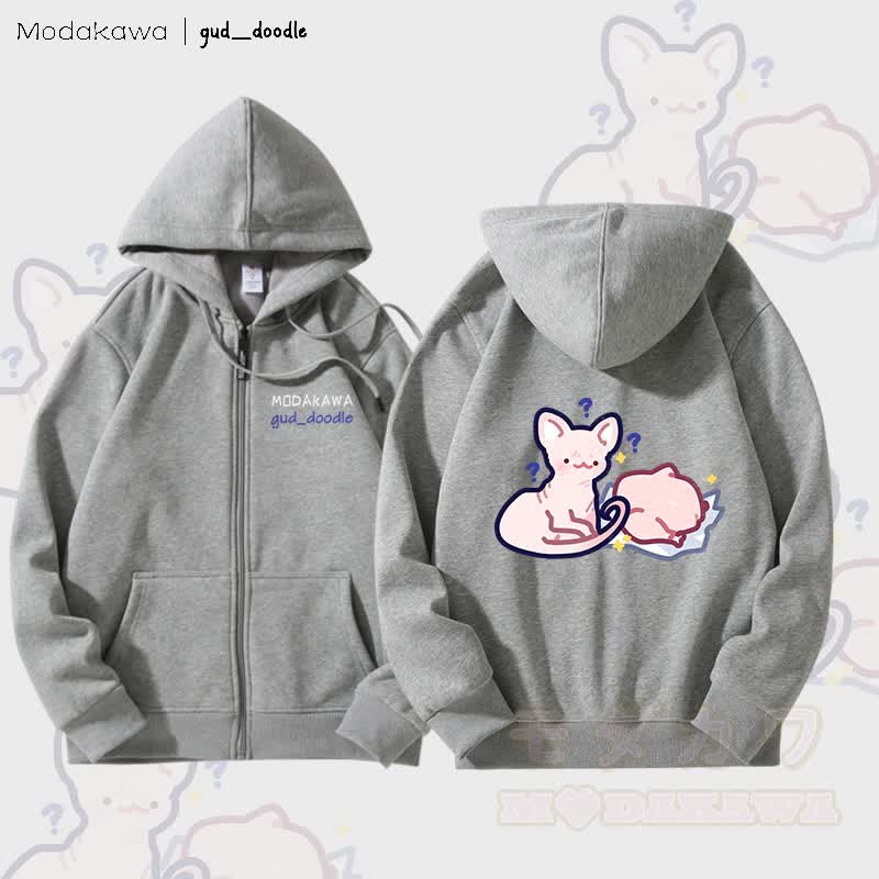 MODAKAWA x gud_doodle Kitty Chicken Graphic Fleece Lined Zip Up Hoodie Sweatshirt - Grey - 5XL - image 1
