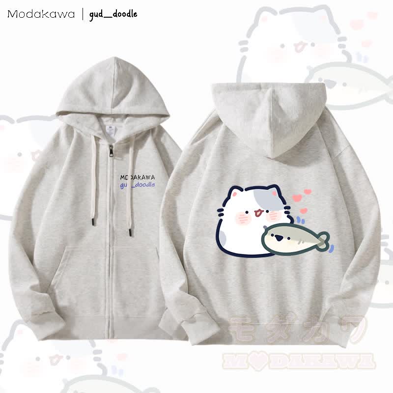MODAKAWA x gud_doodle Kitty and Fish Graphic Fleece Lined Zip Up Hoodie Sweatshirt - Light Grey - 5XL - image 1