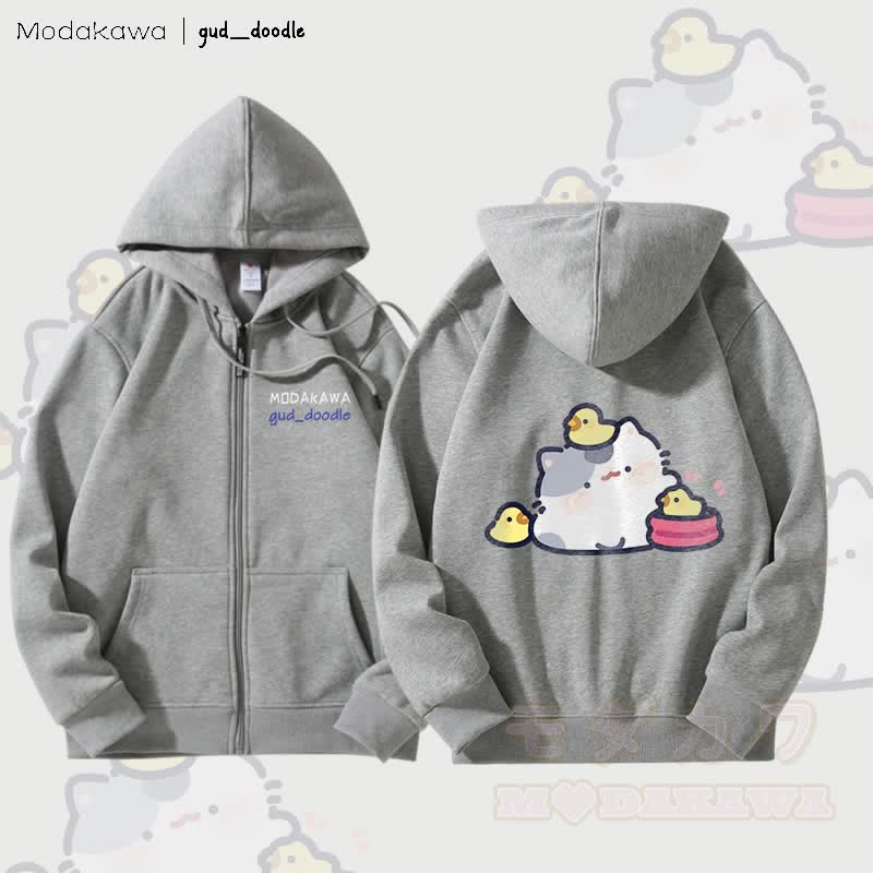 MODAKAWA x gud_doodle Kitty and Chick Graphic Fleece Lined Zip Up Hoodie Sweatshirt - Grey - 5XL - image 2