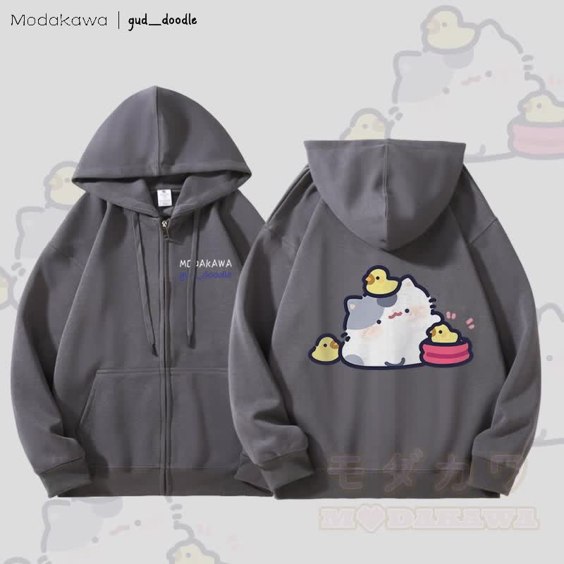 MODAKAWA x gud_doodle Kitty and Chick Graphic Fleece Lined Zip Up Hoodie Sweatshirt - Dark Grey - 5XL - image 1