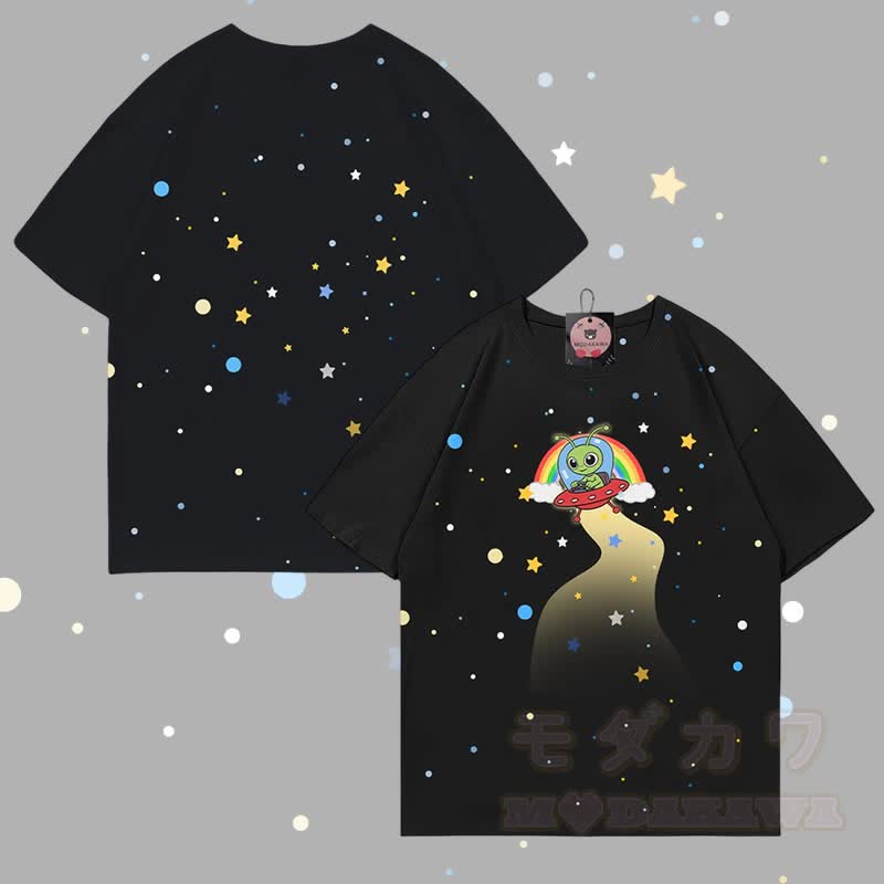 MODAKAWA Starry Alien Graphic All Over Print T-shirt - Black - 5XL - image 1
