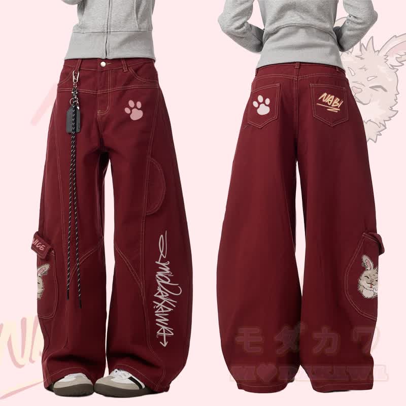 MODAKAWA Nabi Smoking Bunny Graphic Denim Cargo Pants - Wine Red - 3XL - image 1