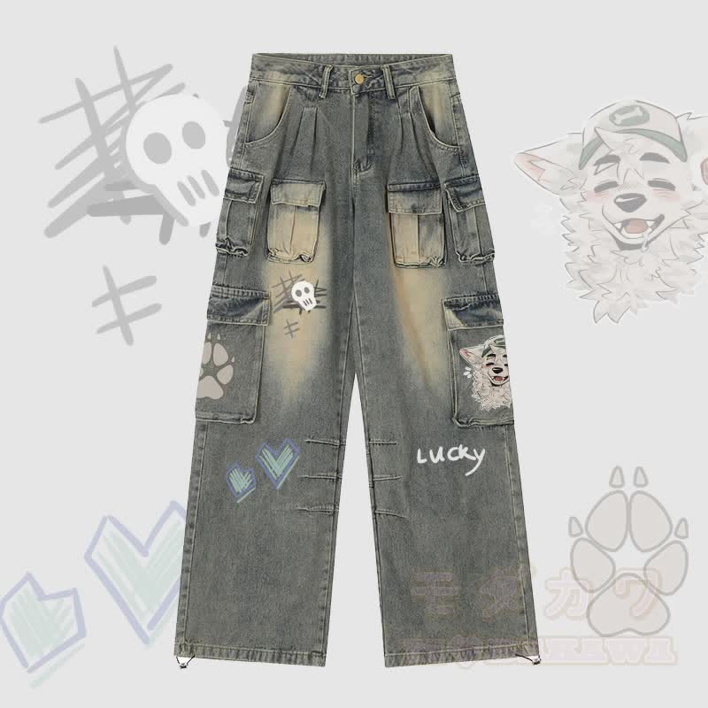 MODAKAWA X atka Fox Wants Meat Graphic Adjustable Hem Denim Cargo Pants - Light Blue - 2XL - image 1