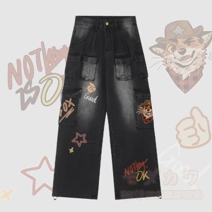 MODAKAWA X atka Cowboy Fox Winking Graphic Adjustable Hem Denim Cargo Pants - Black - 2XL - image 1