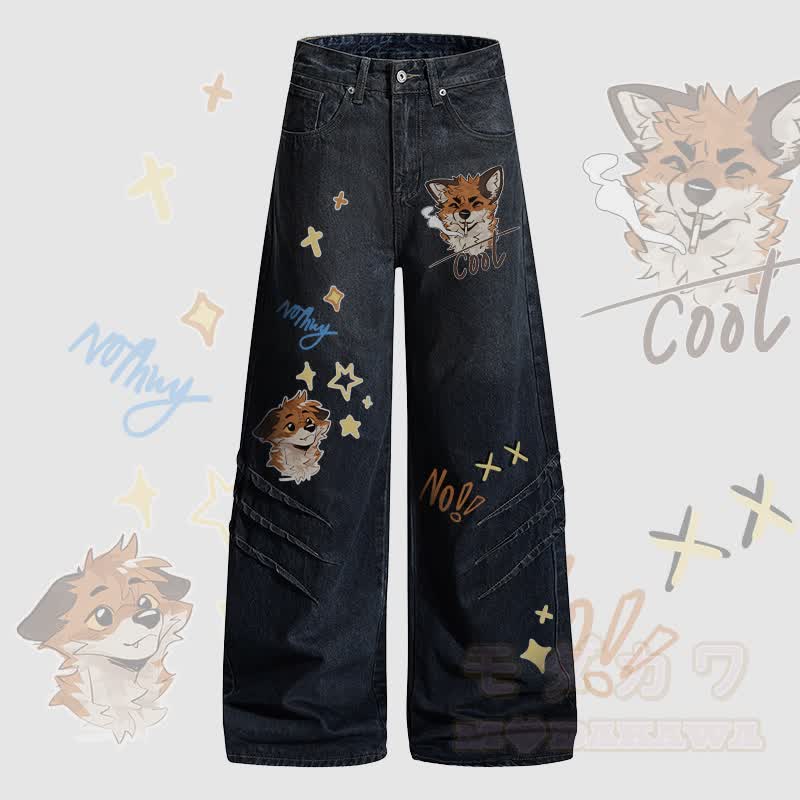 MODAKAWA X atka Fox Smoking Graphic Denim Pants - Dark Blue - 2XL - image 2