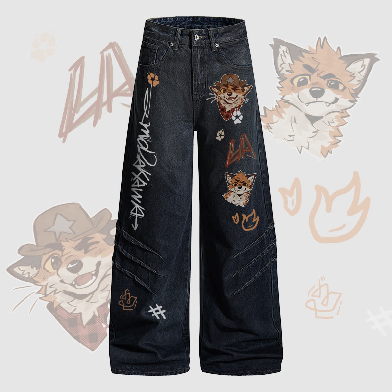 MODAKAWA X atka Cowboy Fox Winking Graphic Denim Pants - Dark Blue - 2XL - image 1
