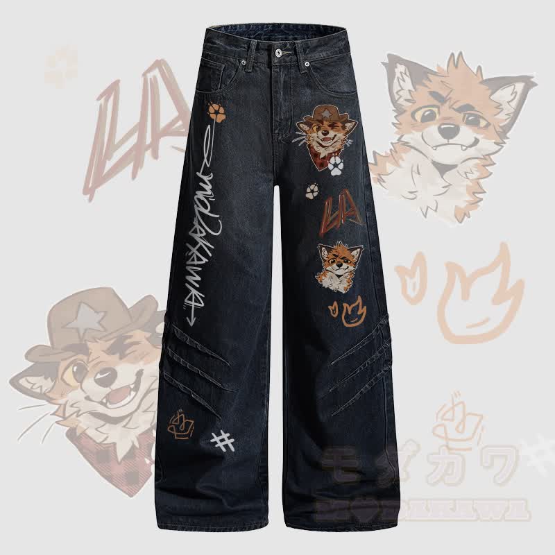 MODAKAWA X atka Cowboy Fox Winking Graphic Denim Pants - Dark Blue - 2XL - image 1