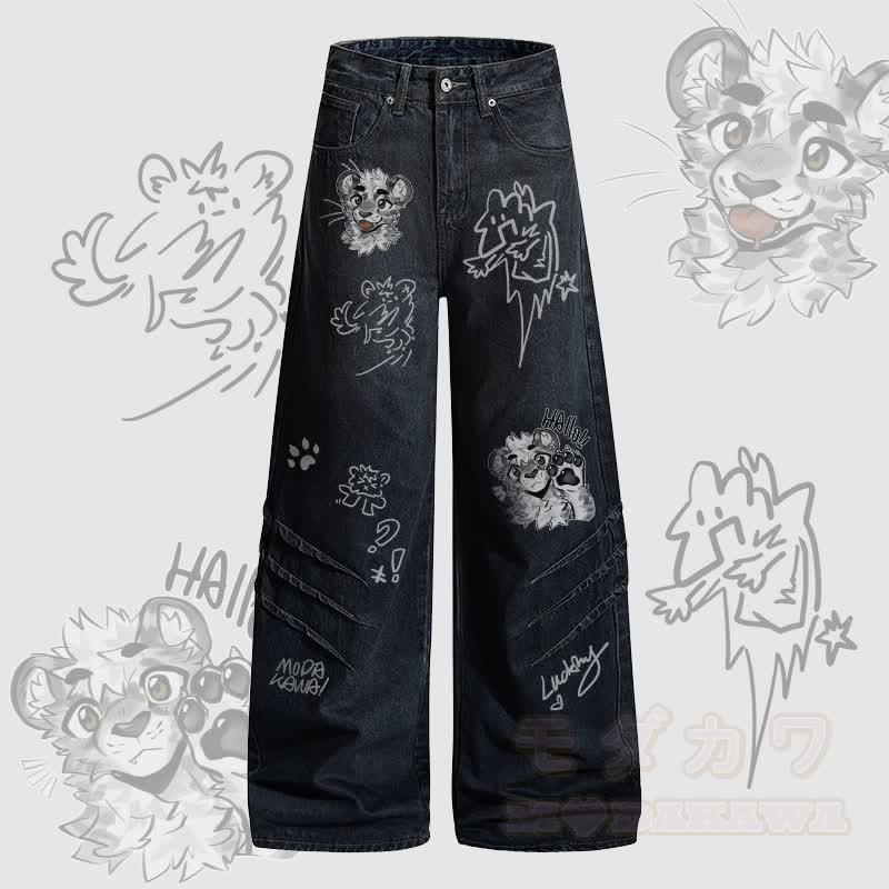 MODAKAWA X atka Cheeky Tiger Face Graphic Denim Pants - Dark Blue - 2XL - image 2