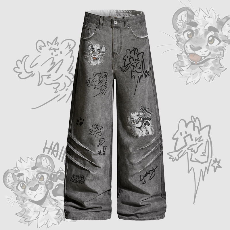 MODAKAWA X atka Cheeky Tiger Face Graphic Denim Pants - Grey - 2XL - image 1