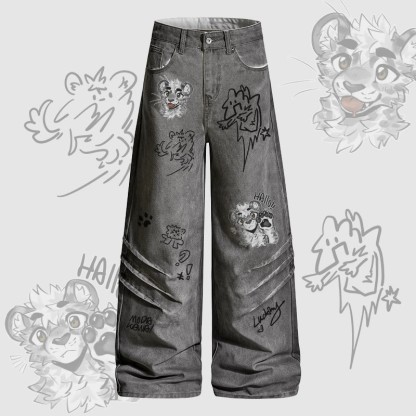 MODAKAWA X atka Cheeky Tiger Face Graphic Denim Pants - Grey - 2XL - image 1