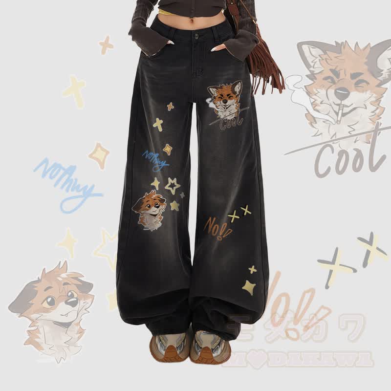 MODAKAWA X atka Fox Smoking Graphic Wide Leg Denim Pants - Black - XL - image 2