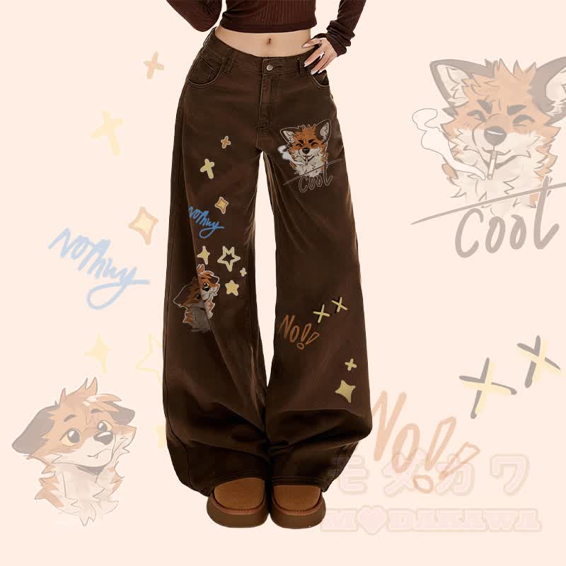 MODAKAWA X atka Fox Smoking Graphic Wide Leg Denim Pants - Brown - XL - image 1