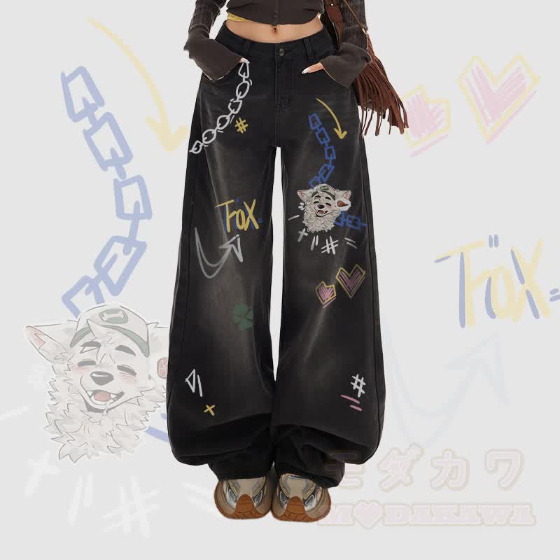 MODAKAWA X atka Fox Wants Meat Graphic Wide Leg Denim Pants - Black - XL - image 1