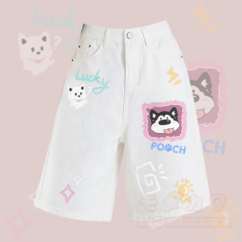 MODAKAWA Puppy Kitty Graphic Bermuda Denim Shorts - White - 2XL - image 4