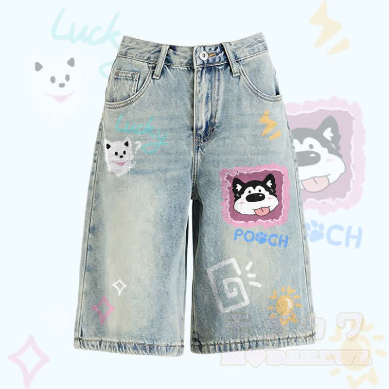 MODAKAWA Puppy Kitty Graphic Bermuda Denim Shorts - Nostalgic Blue - 2XL - image 2