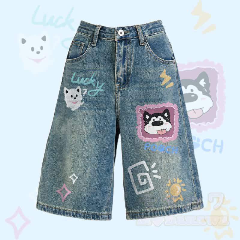 MODAKAWA Puppy Kitty Graphic Bermuda Denim Shorts - Vintage Blue - 2XL - image 1