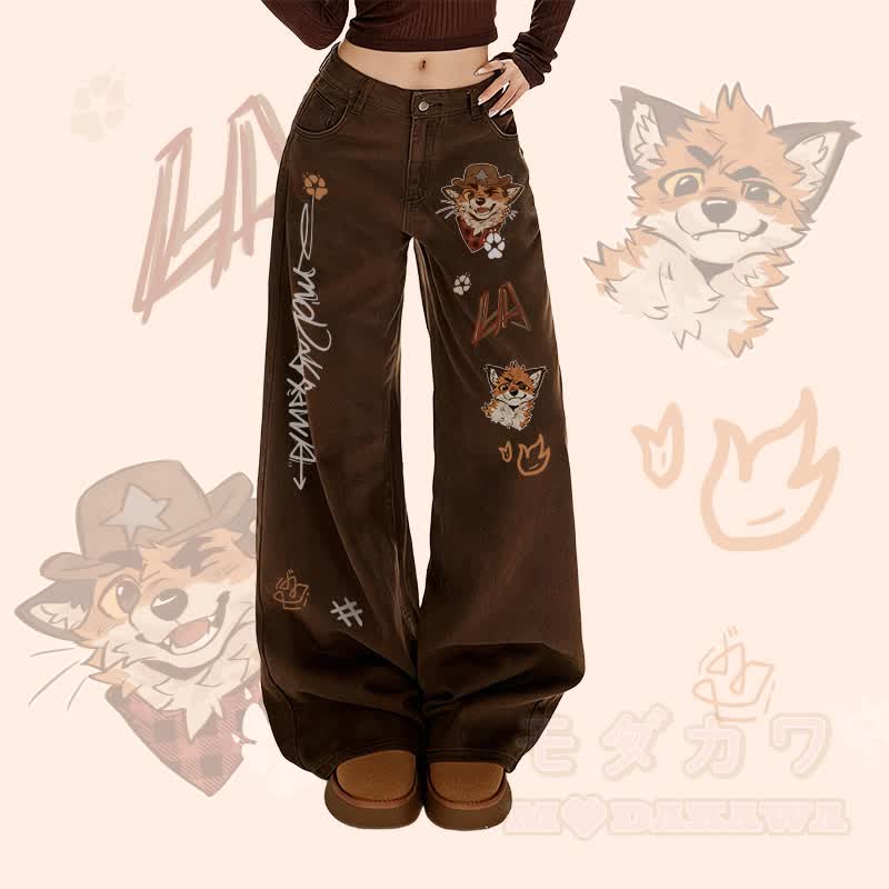 MODAKAWA X atka Cowboy Fox Winking Graphic Wide Leg Denim Pants - Brown - XL - image 1