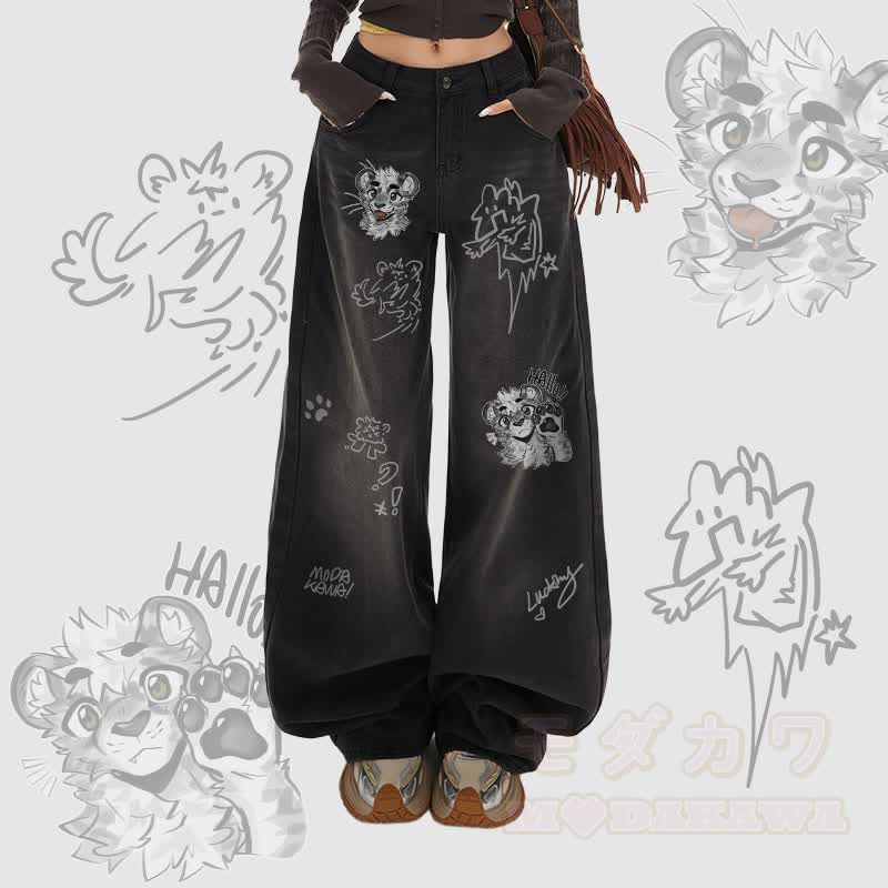 MODAKAWA X atka Cheeky Tiger Face Graphic Wide Leg Denim Pants - Black - XL - image 1