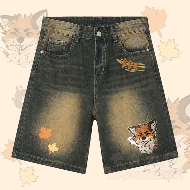 MODAKAWA X atka Fox Smoking Graphic Denim Shorts - Olive - 3XL - image 2