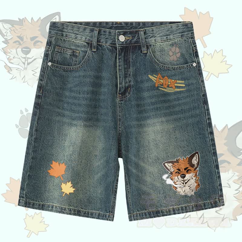 MODAKAWA X atka Fox Smoking Graphic Denim Shorts - Blue - 3XL - image 1