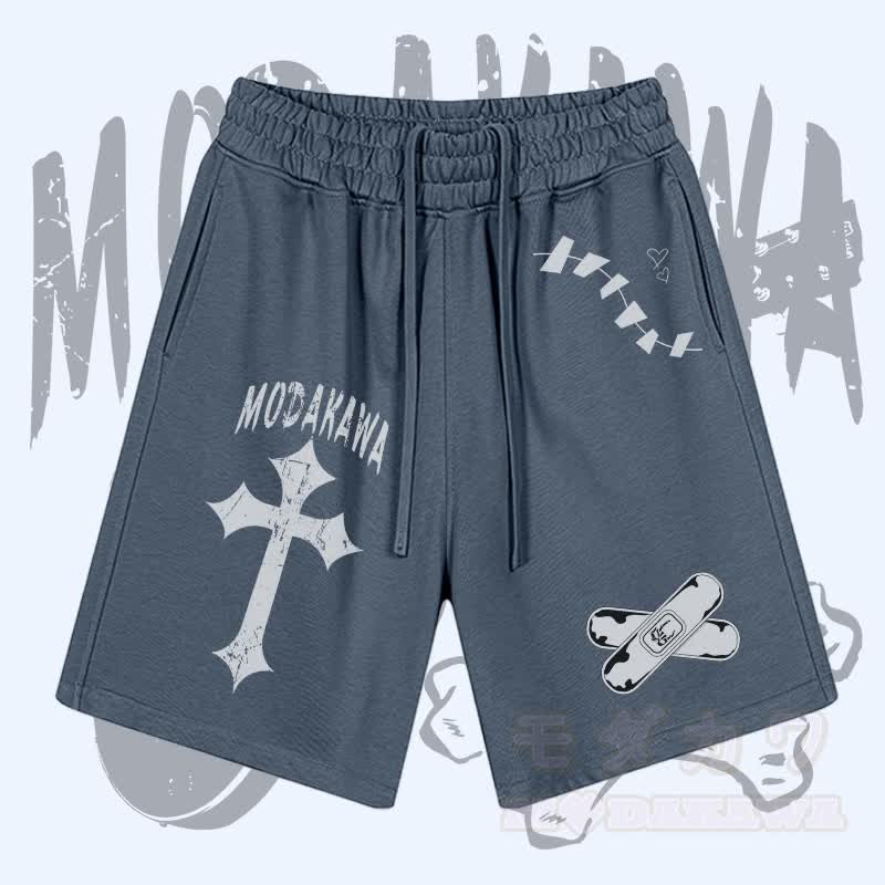 MODAKAWA Cross Bandage Graphic Drawstring Shorts - Blue - 2XL - image 2