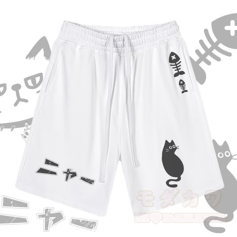 MODAKAWA Cat and Fishbone Graphic Drawstring Shorts - White - 2XL - image 2
