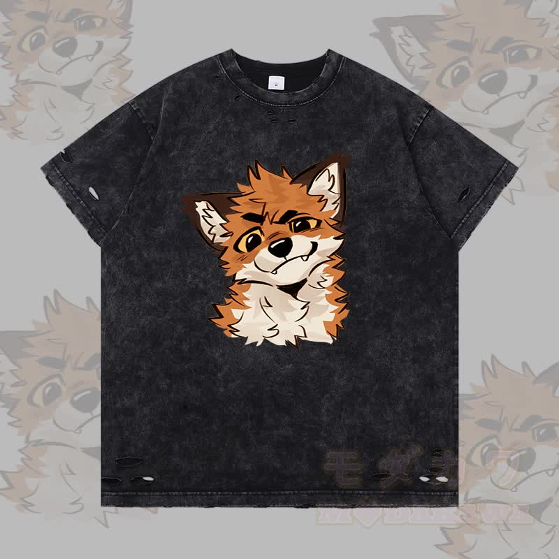 MODAKAWA X atka Funny Fox Graphic Ripped T-shirt - Black - 2XL - image 2