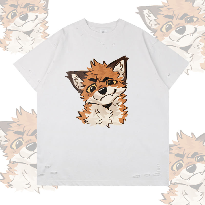 MODAKAWA X atka Funny Fox Graphic Ripped T-shirt - White - 2XL - image 1