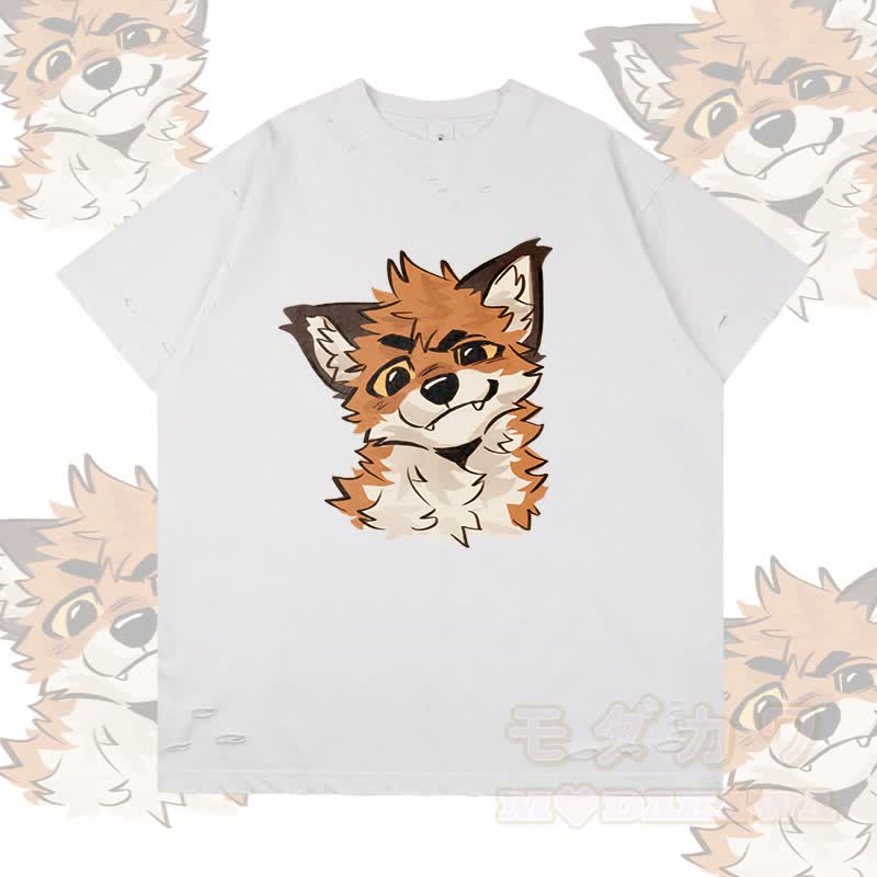 MODAKAWA X atka Funny Fox Graphic Ripped T-shirt - White - 2XL - image 1