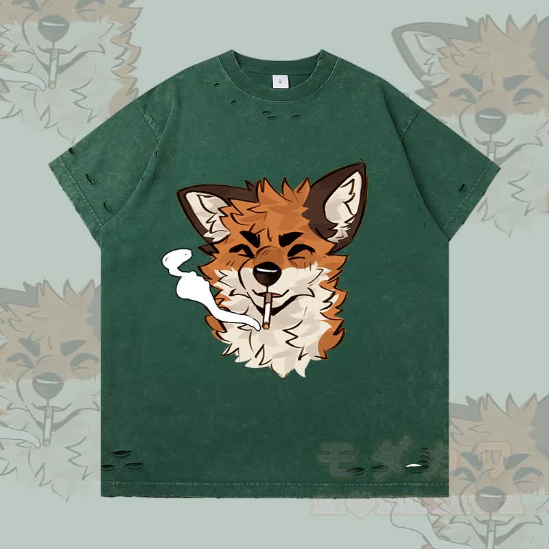 MODAKAWA X atka Fox Smoking Graphic Ripped T-shirt - Dark Green - 2XL - image 6