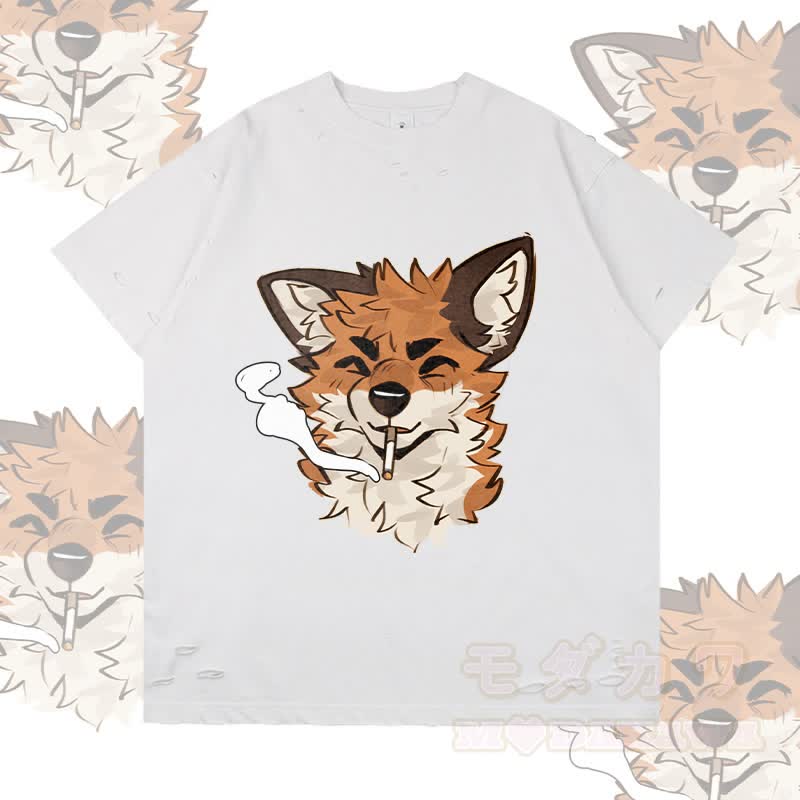MODAKAWA X atka Fox Smoking Graphic Ripped T-shirt - White - 2XL - image 2