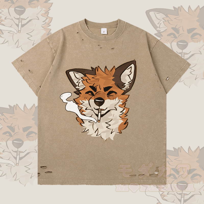 MODAKAWA X atka Fox Smoking Graphic Ripped T-shirt - Brown - 2XL - image 4