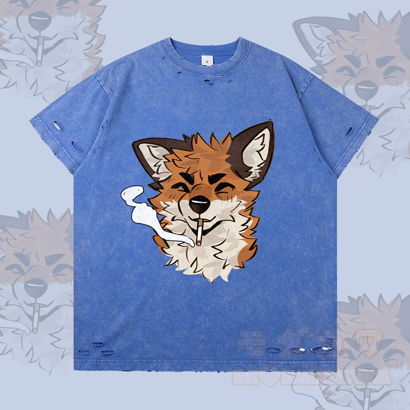 MODAKAWA X atka Fox Smoking Graphic Ripped T-shirt - Blue - 2XL - image 3