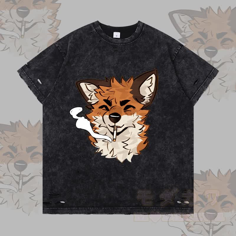 MODAKAWA X atka Fox Smoking Graphic Ripped T-shirt - Black - 2XL - image 1