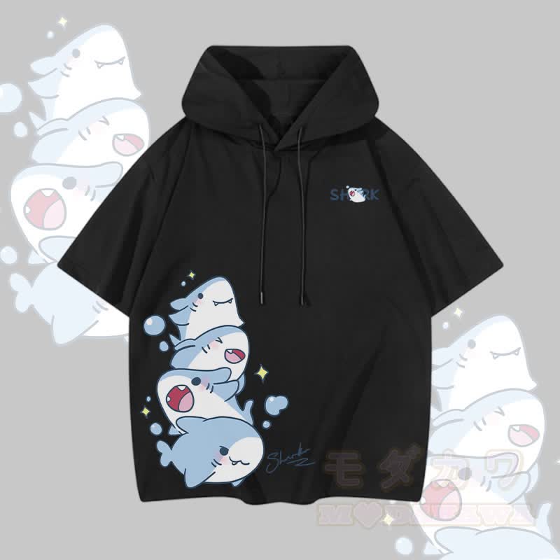 MODAKAWA Playful Shark Graphic Short Sleeve Hoodie - Black - 3XL - image 4