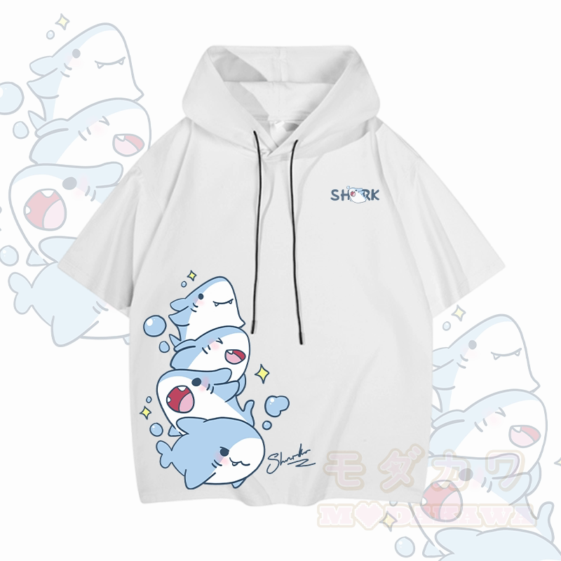 MODAKAWA Playful Shark Graphic Short Sleeve Hoodie - White - 3XL - image 3