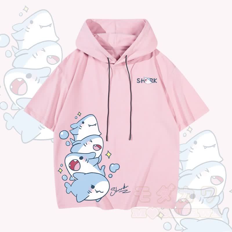 MODAKAWA Playful Shark Graphic Short Sleeve Hoodie - Pink - 3XL - image 2
