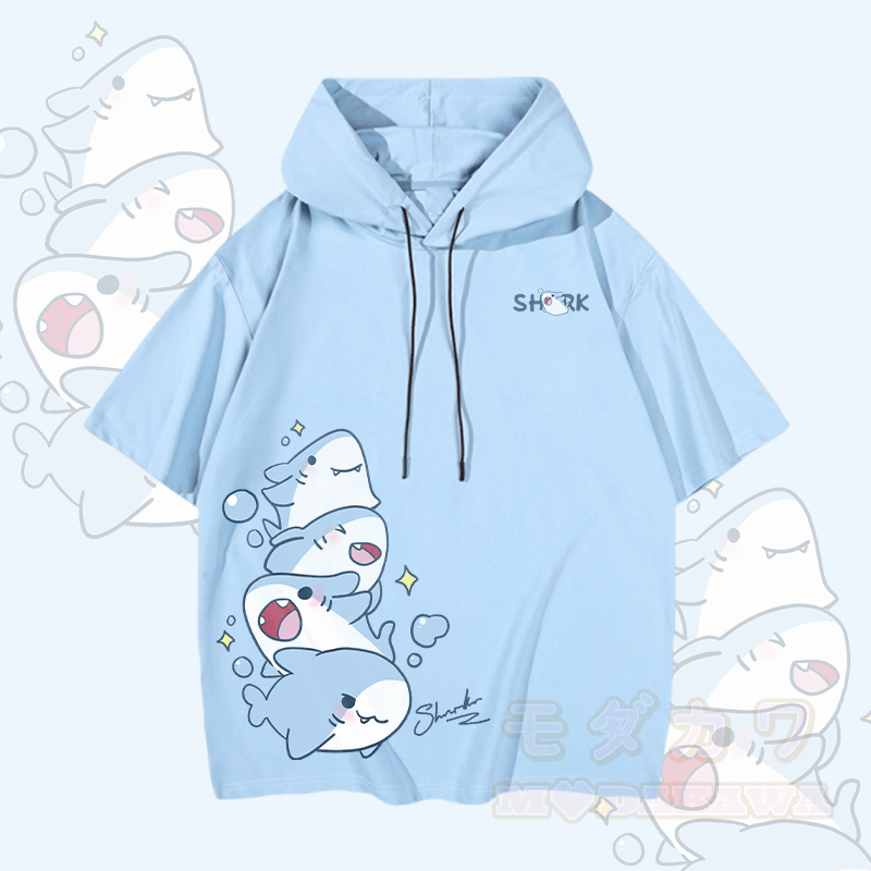 MODAKAWA Playful Shark Graphic Short Sleeve Hoodie - Blue - 3XL - image 1