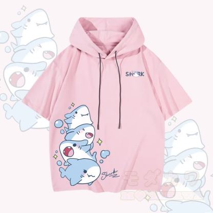 MODAKAWA Playful Shark Graphic Short Sleeve Hoodie - Pink - 3XL - image 2